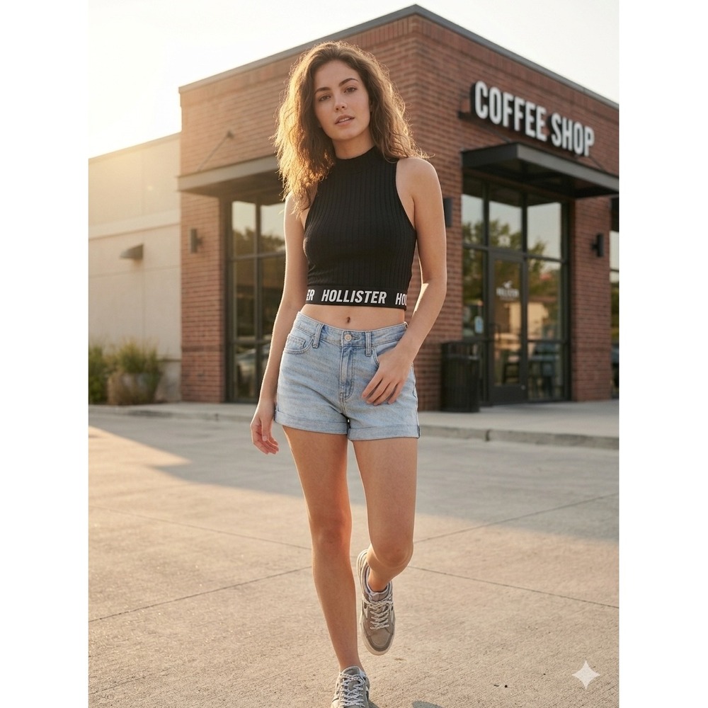 Hollister Womens Ribbed Knit Logo Black Crop Top Sleeveless High Neck Streetwear